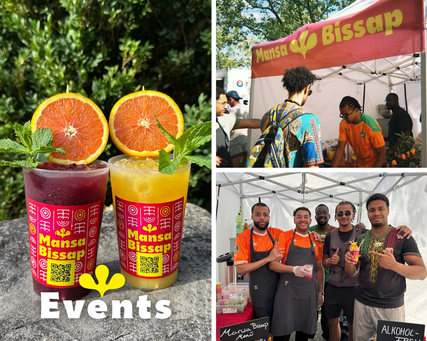 Mansa Bissap auf Events: Team und Gäste mit Bissap-Drinks in bedruckten Bechern
