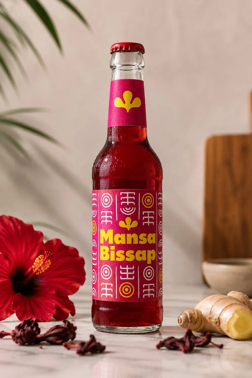 Mansa Bissap Original: 0,33-l-Glasflasche auf Marmortisch mit Hibiskusblüte, getrockneten Blüten und Ingwer